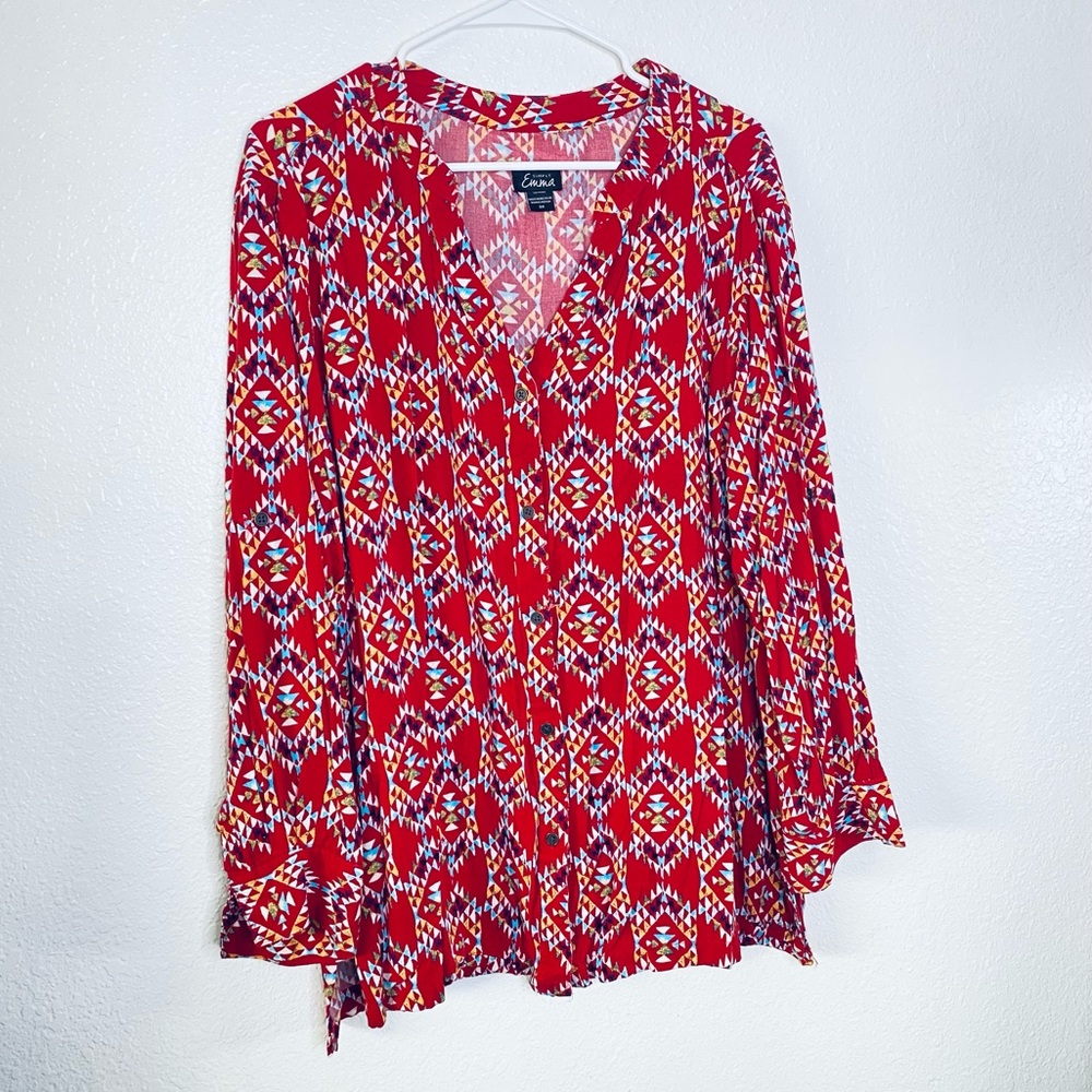 🍓 Simply Emma Boho Southwestern Rodeo Roll Tab Sleeves Button Front Shirt 2X
